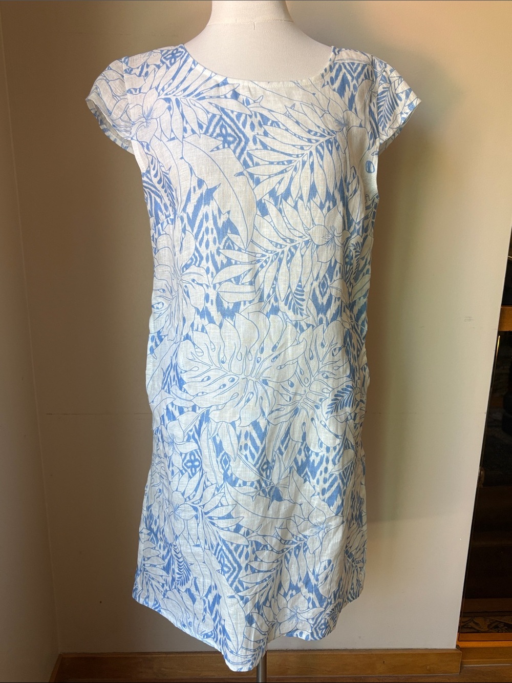 Cap-Sleeve Light Blue Tropical linen Midi Dress